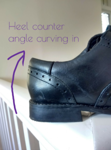 The heel of a black school shoe